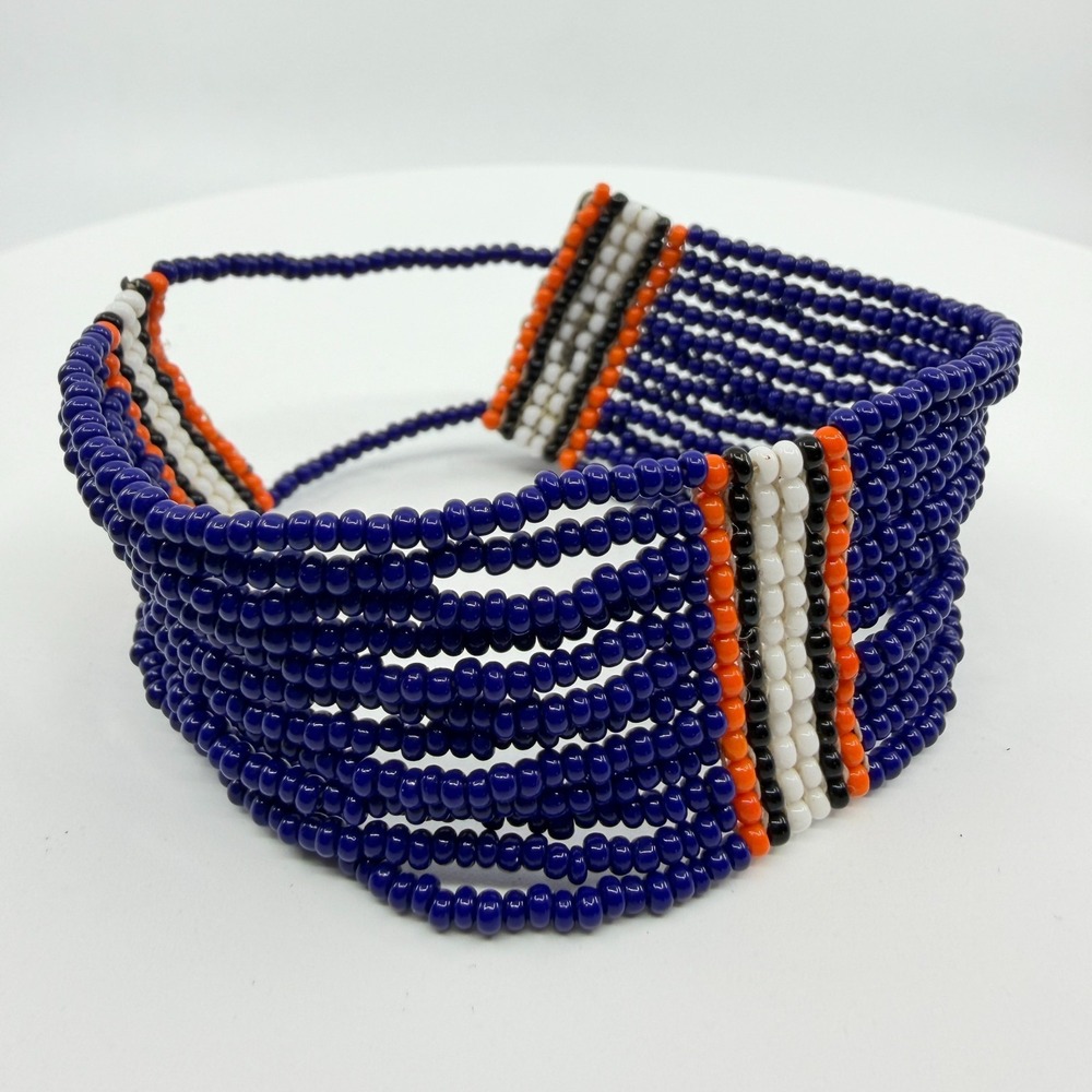 Boho Cobalt Blue Multi Strand Seed Bead Cuff Bracelet - Festival Style